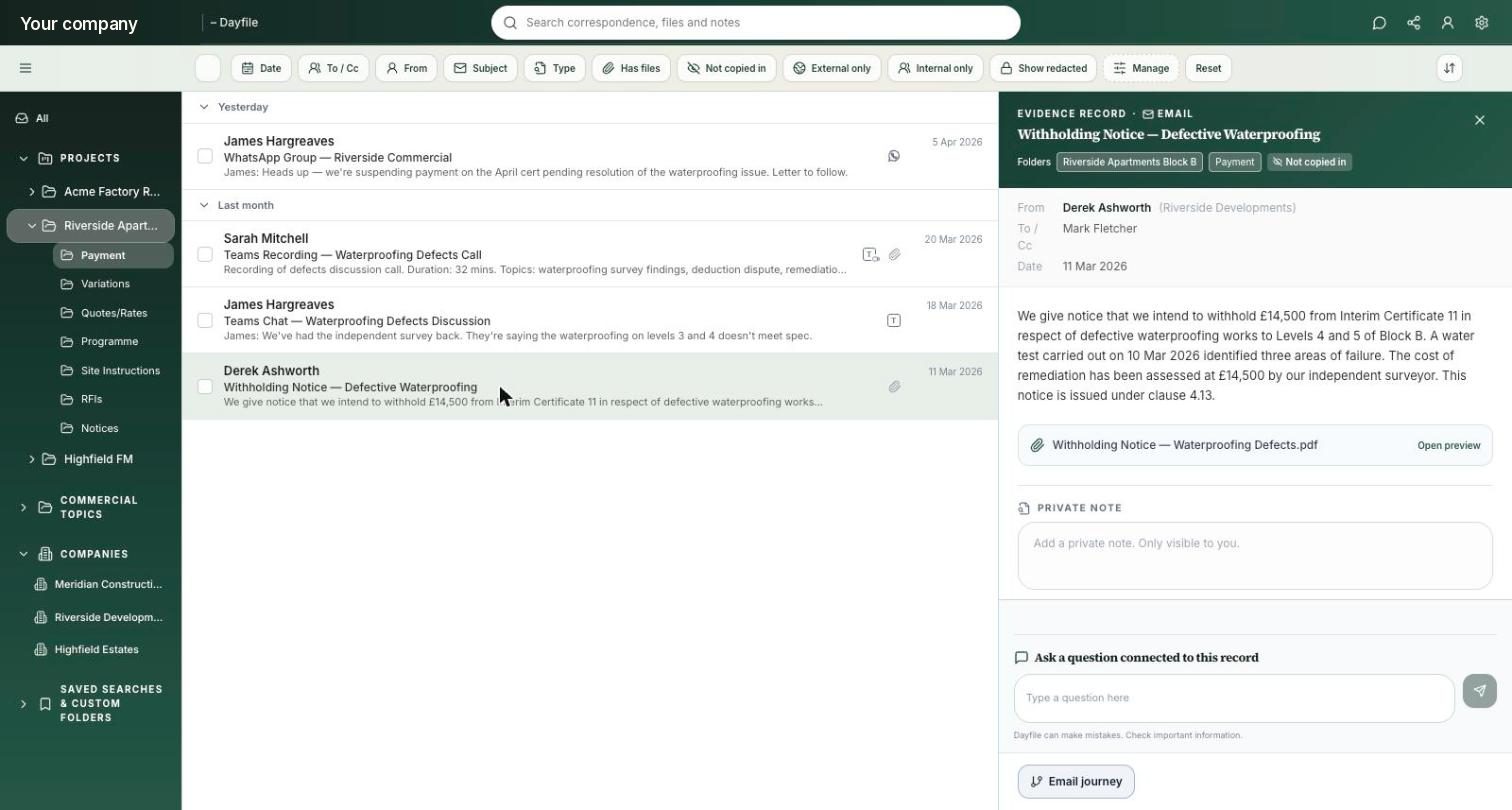 An email record in Dayfile: a withholding notice filed to the project’s Payment folder, tagged ‘Not copied in’, with sender, recipients, date, the attachment and a question box connected to the record