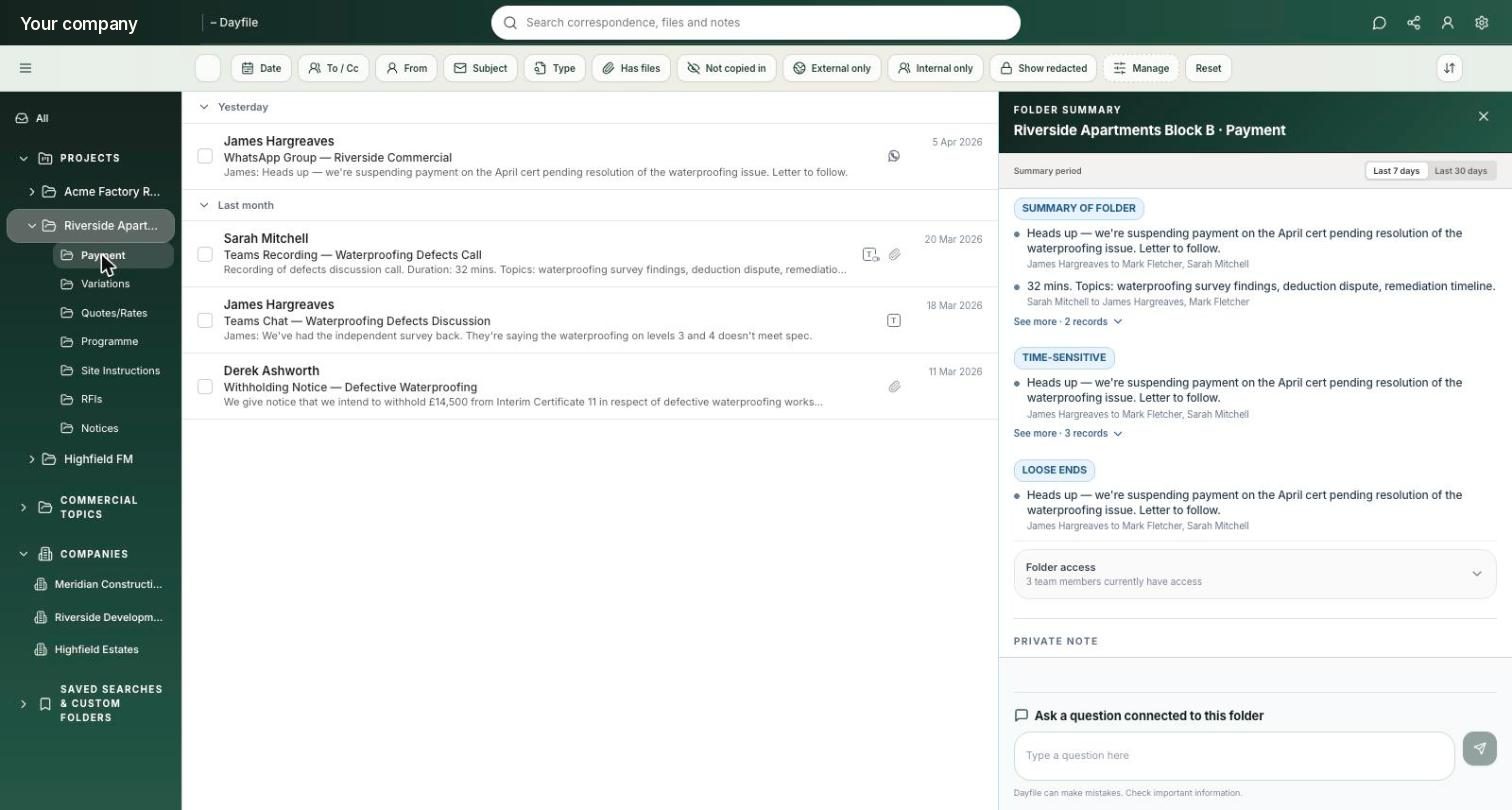 A project’s Payment folder in Dayfile, with the folder summary and a folder-access control showing which team members can see it