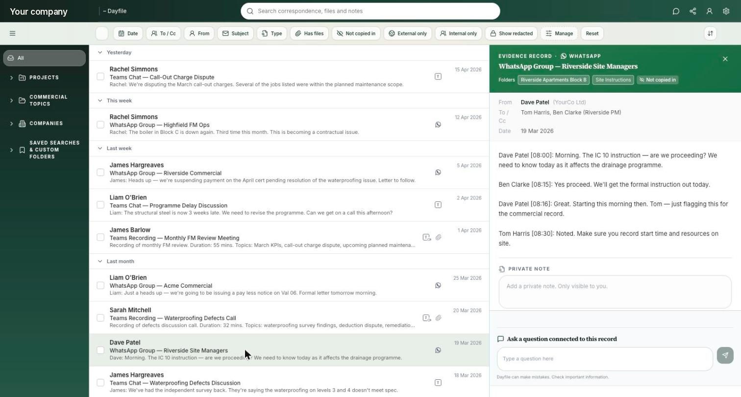 A WhatsApp group message filed in Dayfile to the project’s Site Instructions folder: the site manager asks whether to proceed on an instruction, the client’s PM says yes, works start — with sender, date and a ‘Not copied in’ tag